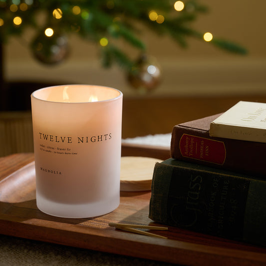 twelve nights candle lit on table near christmas tree