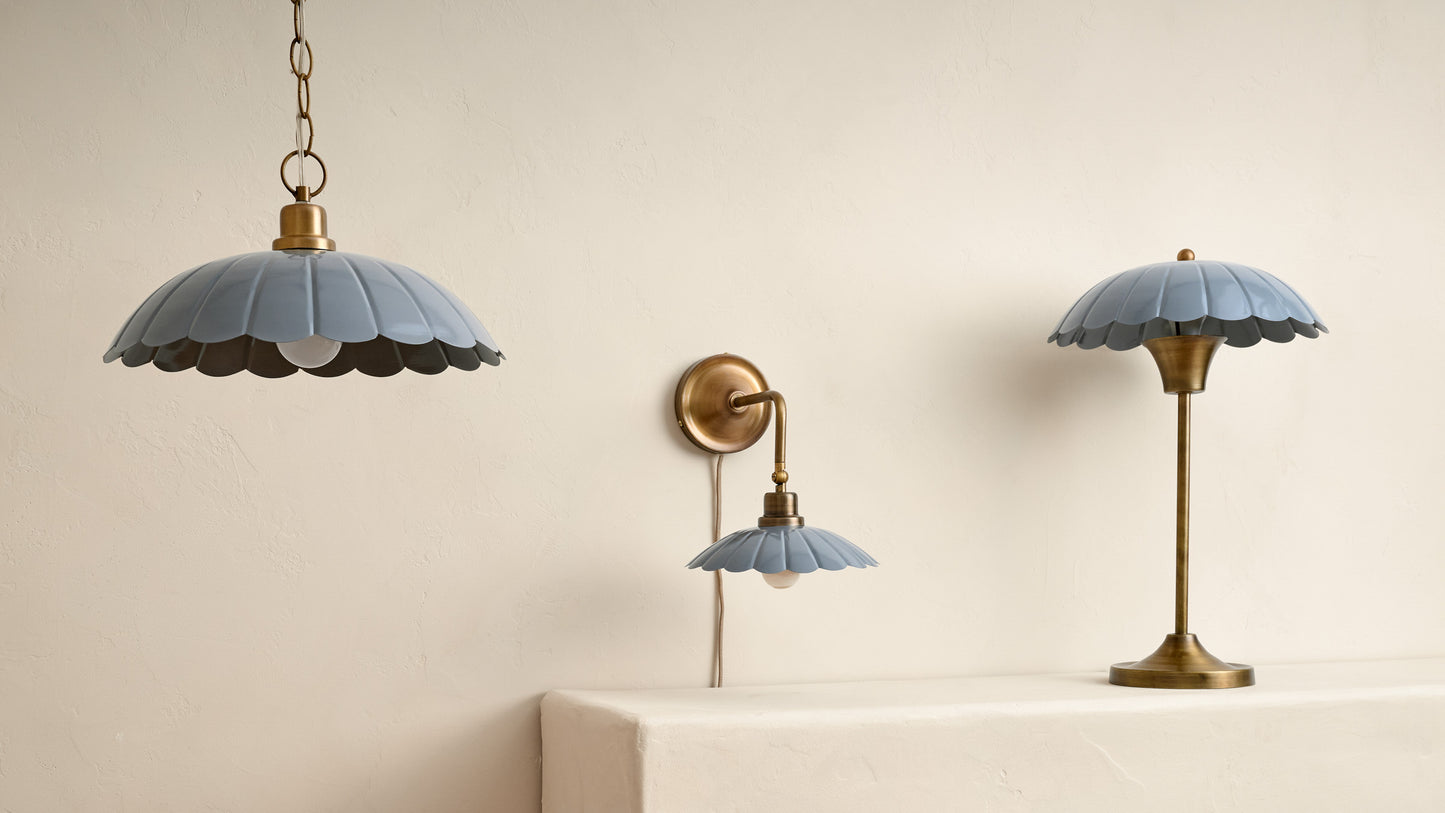 carolyn lighting collection showing a ceiling pendant, wall sconce and lamp