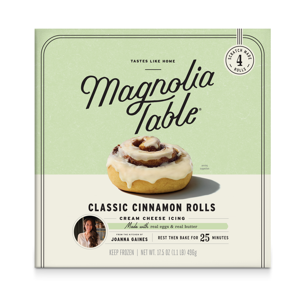 Front of a Magnolia Table Classic Cinnamon Rolls box, showing a photo of a cinnamon roll with cream cheese icing on a pale green and cream background.