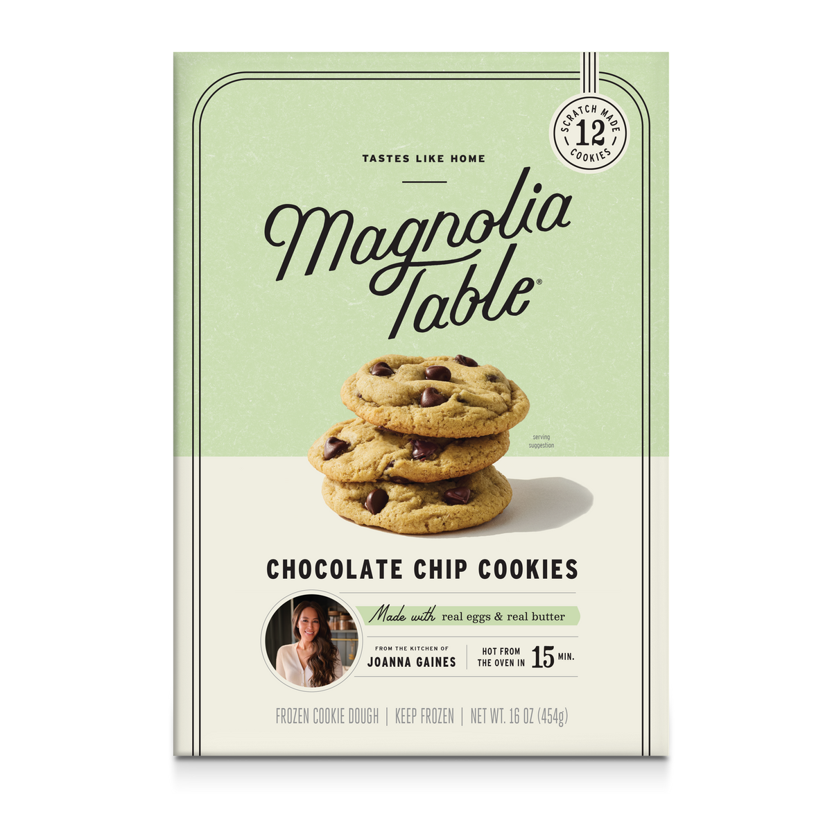 Front of a Magnolia Table Chocolate Chip Cookies package, showing a stack of cookies on a pale green and cream background with product text and a small portrait photo.