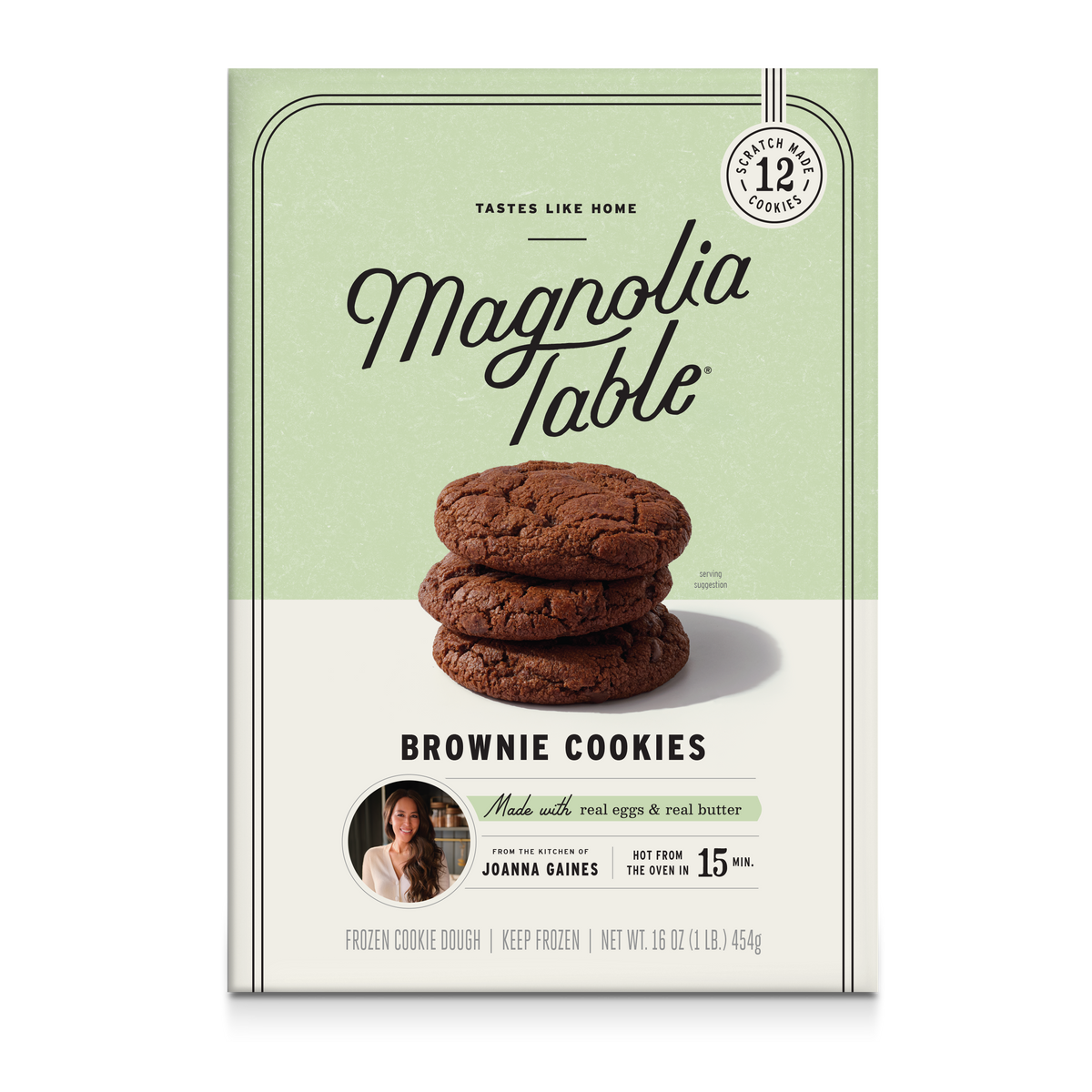 Front-facing package of Magnolia Table Brownie Cookies, showing a stack of three brownie cookies on the front with a pale green and cream design and text noting Joanna Gaines as the creator.