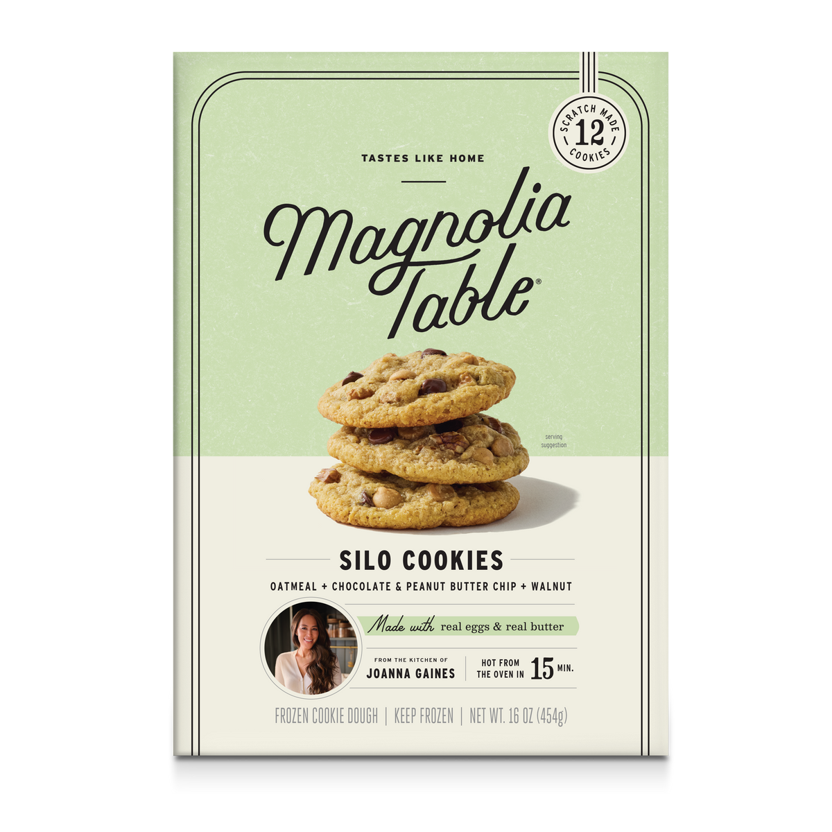 Front of a Magnolia Table Silo Cookies box, showing a stack of chocolate chip cookies on the front panel, with a pale green and cream design and product text including 'Oatmeal + Chocolate + Peanut Butter Chip + Walnut'.