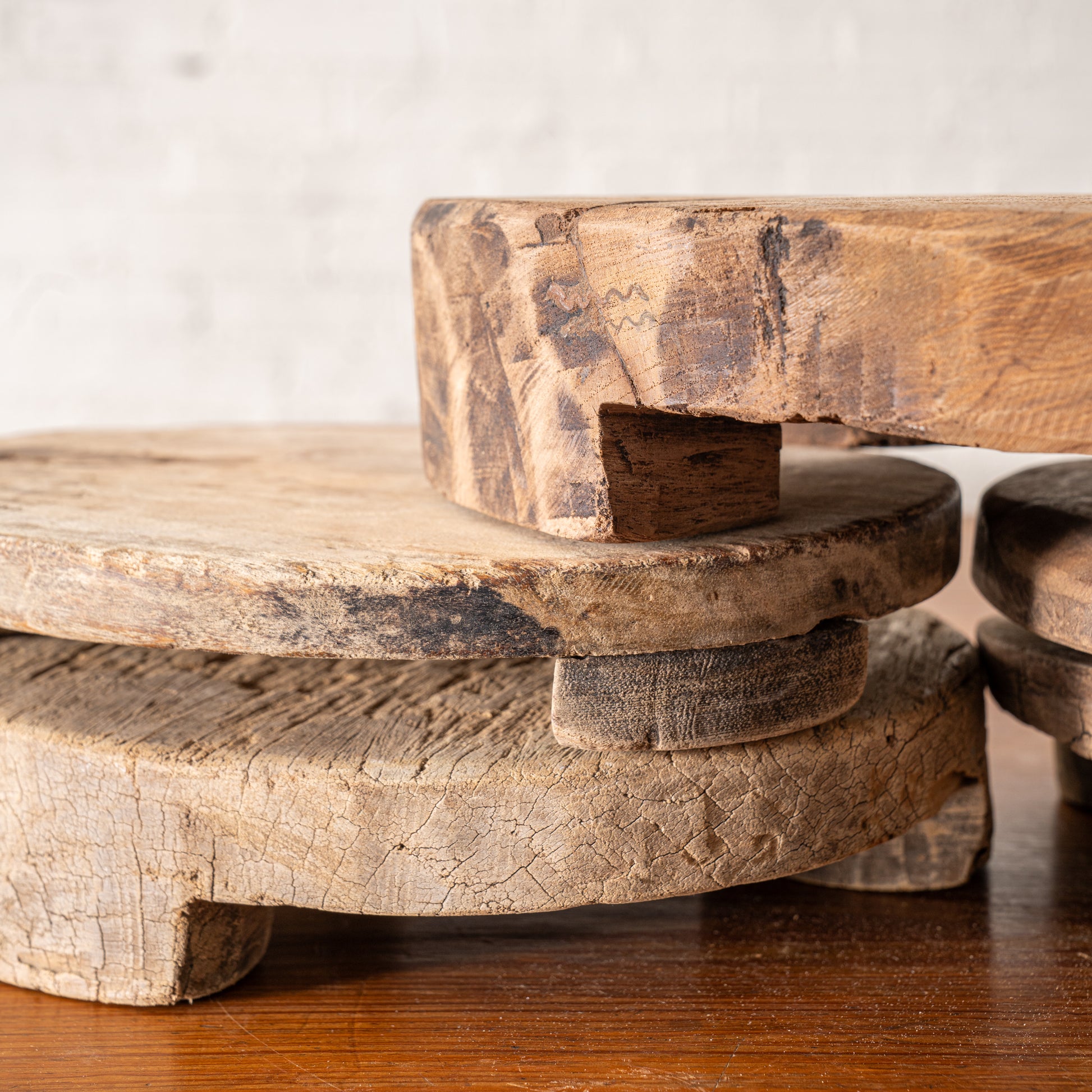 9" Found Wooden Risers shown stacked up close