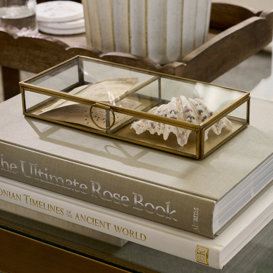 Antique Brass Keepsake Box on top of stacked books with a seashell inside