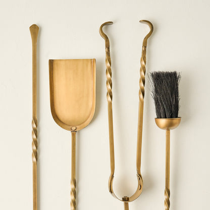Twisted Antique Brass Fireplace Tool Set up close