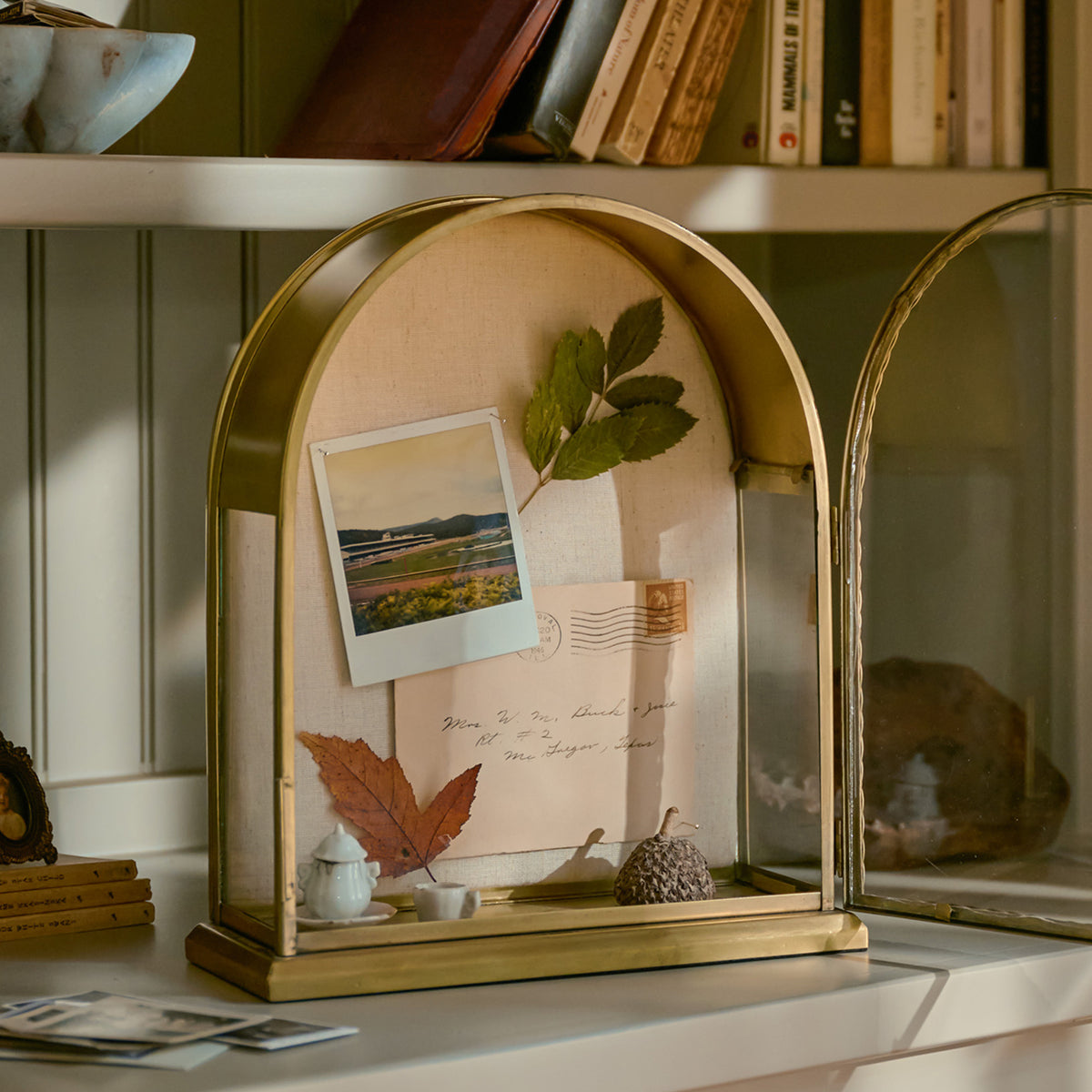 A gold-framed glass display case on a shelf, styled with a vintage postcard, a leaf, a small teacup, and other nostalgic items inside.
