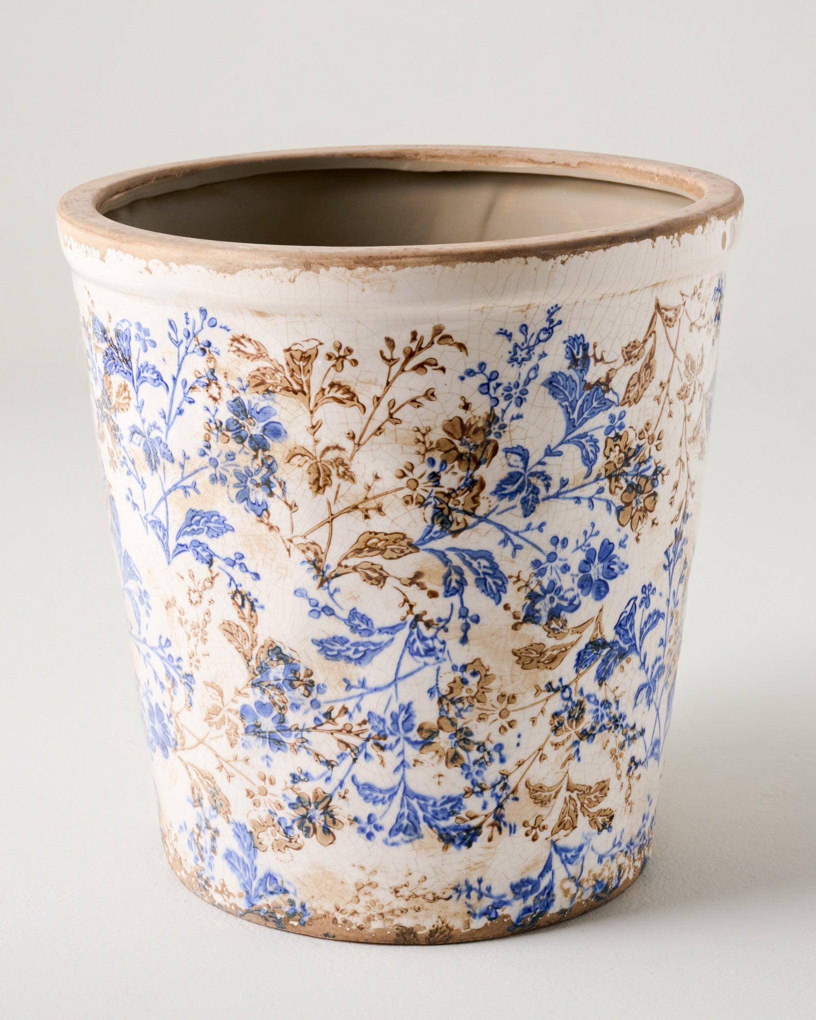 blue floral plant pot Blue and White Distressed Planter