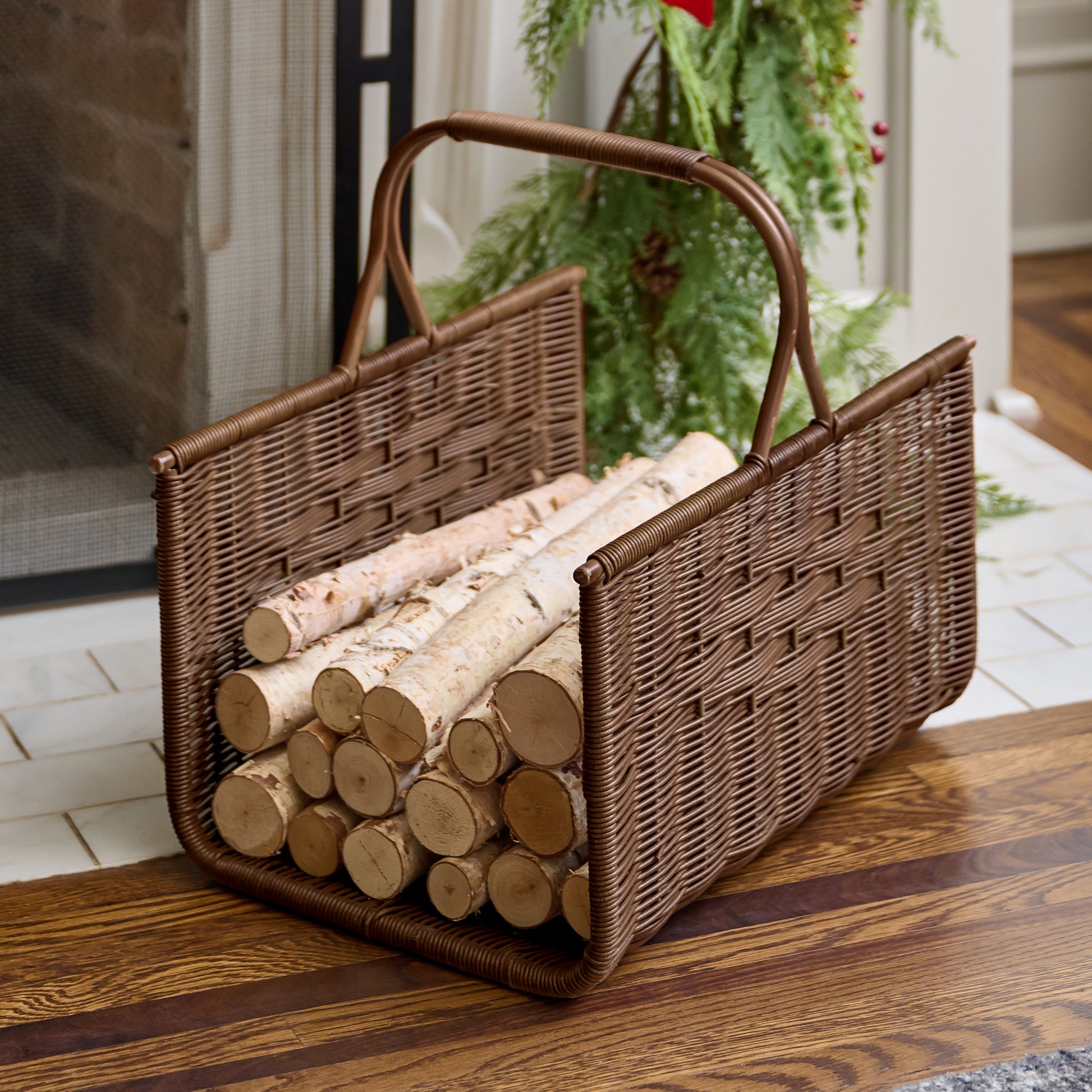 Woven Log Holder near a fireplace