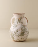 small sized Green and White floral Distressed Vase with two handles