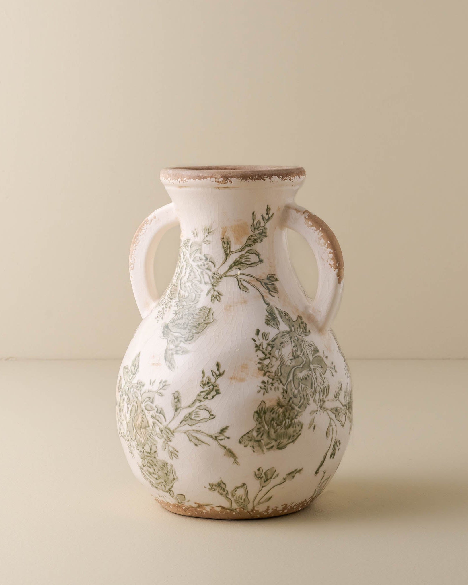 Green and White Distressed Vase with Handle - Small