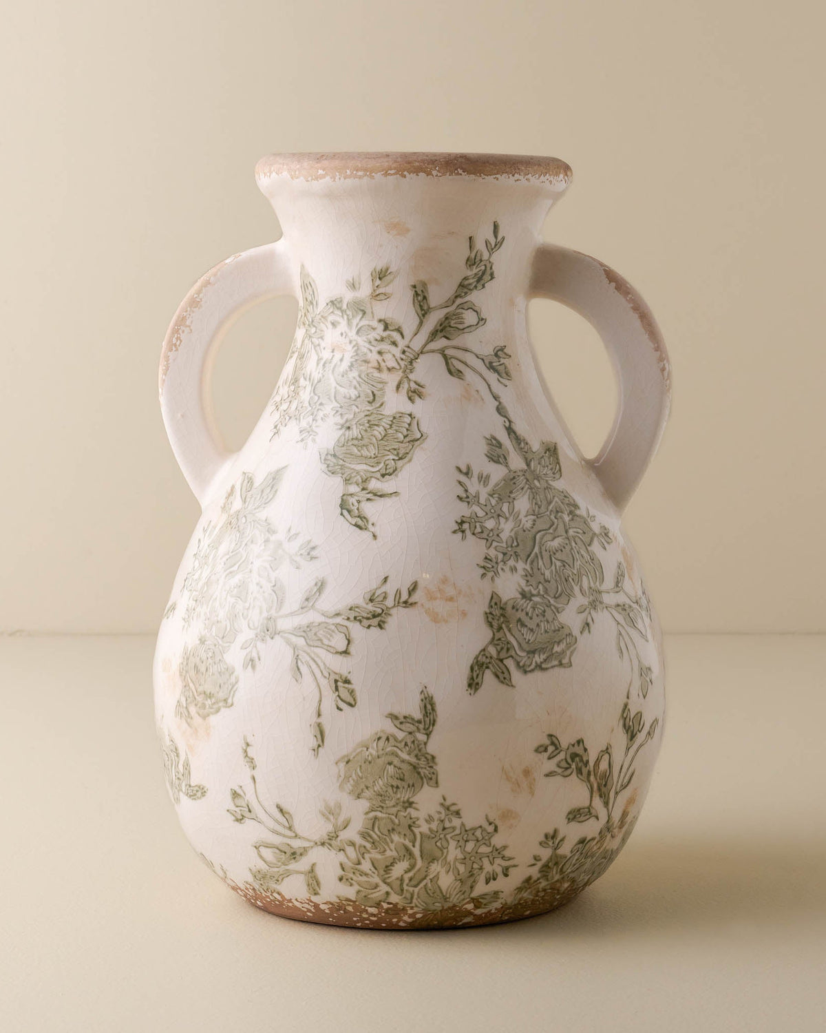 large sized Green and White floral distressed Vase with two handles