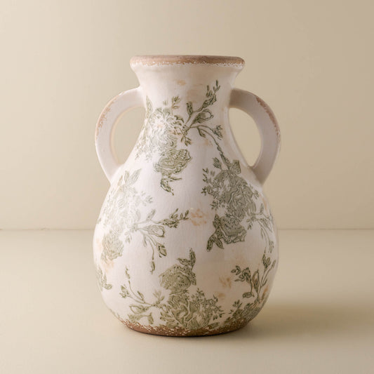 large sized Green and White floral distressed Vase with two handles