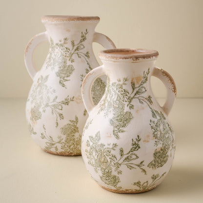 large and small sized Green and White Distressed Vases with two handles