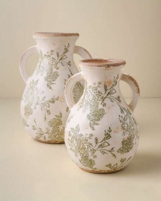 large and small sized Green and White Distressed Vases with two handles