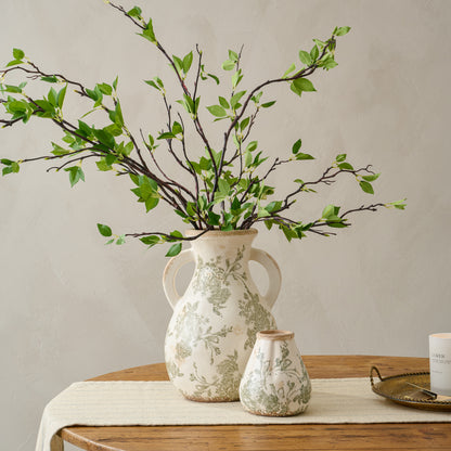 Green and White Distressed Vase with Handle