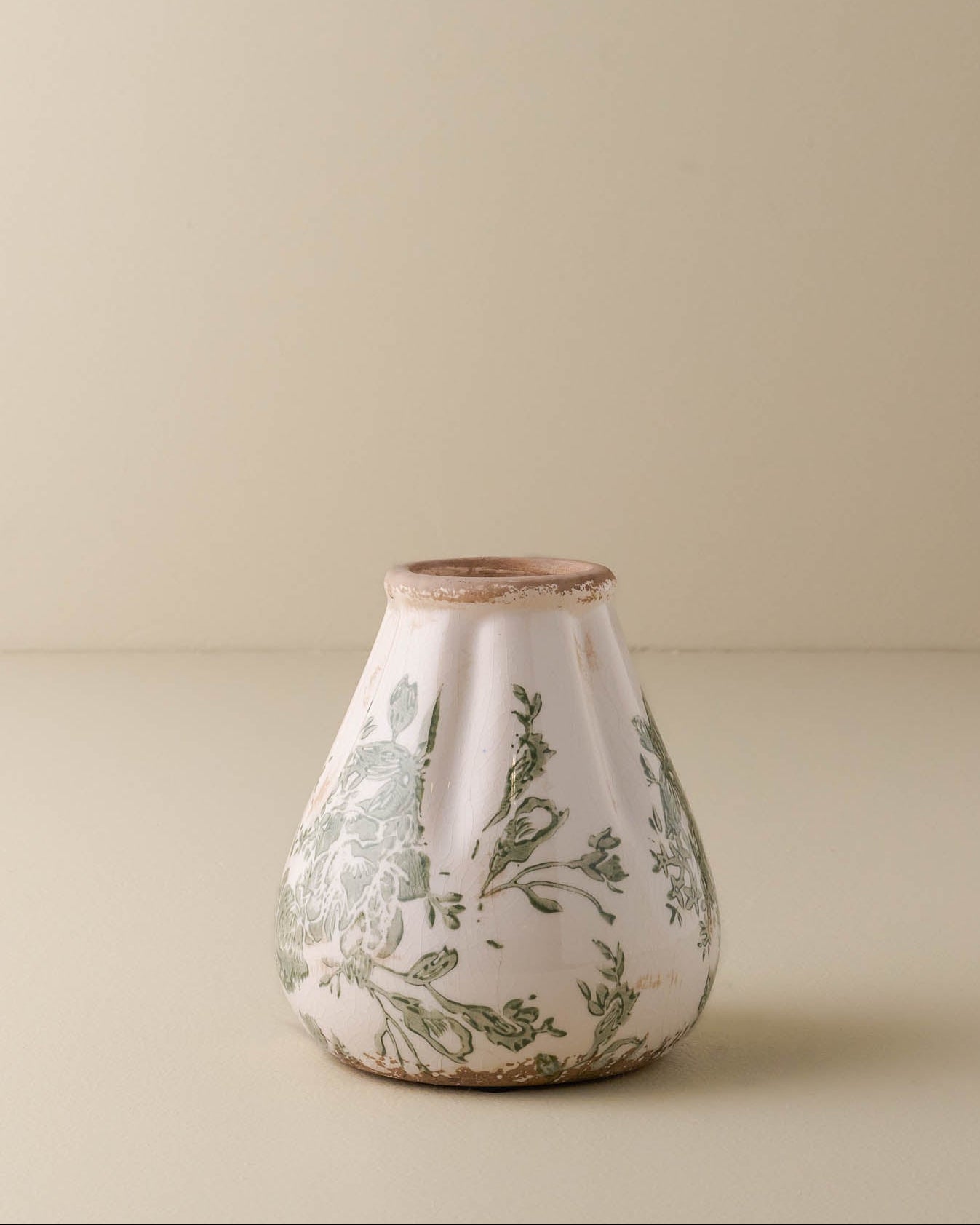 Fluted Green and White Distressed Vase - Small