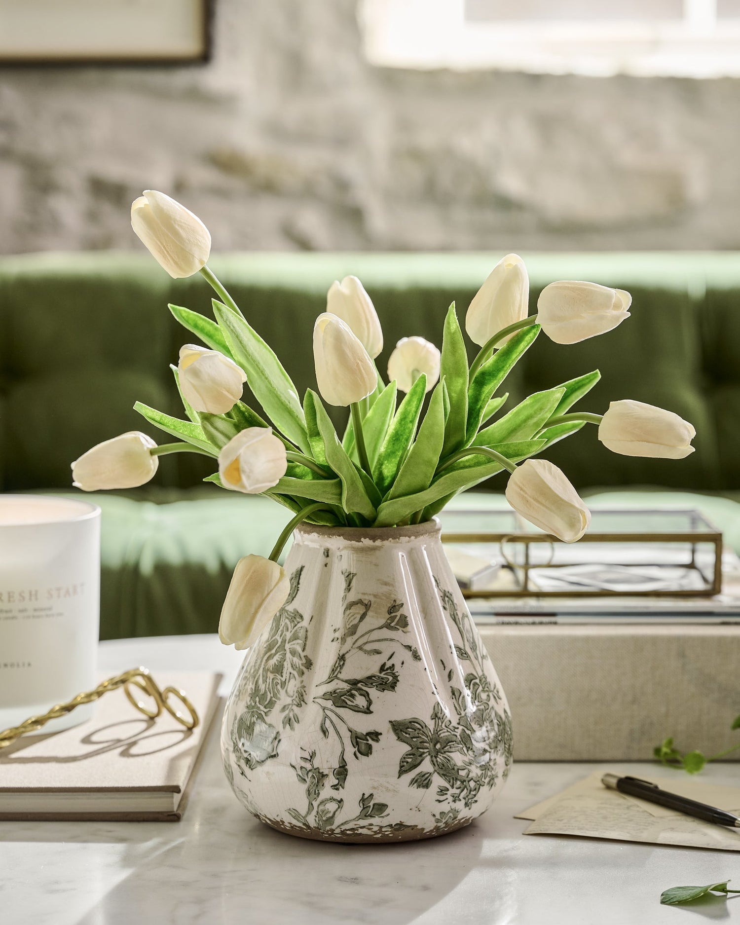 Fluted Green and White Distressed Vase with tulips