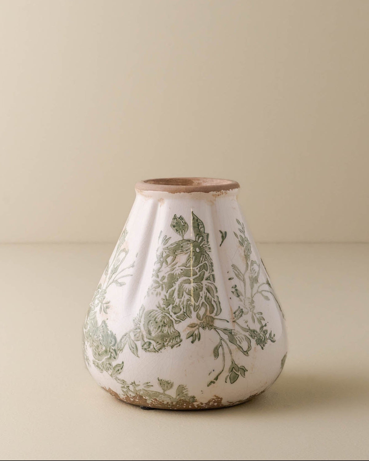 large sized Fluted Green and White floral Distressed bud Vase