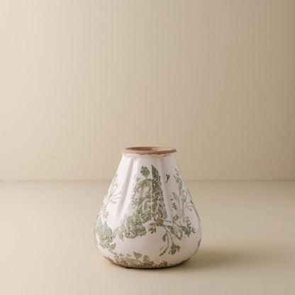 large sized Fluted Green and White floral Distressed bud Vase