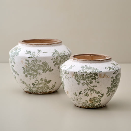 Green and White Distressed Floral Vases