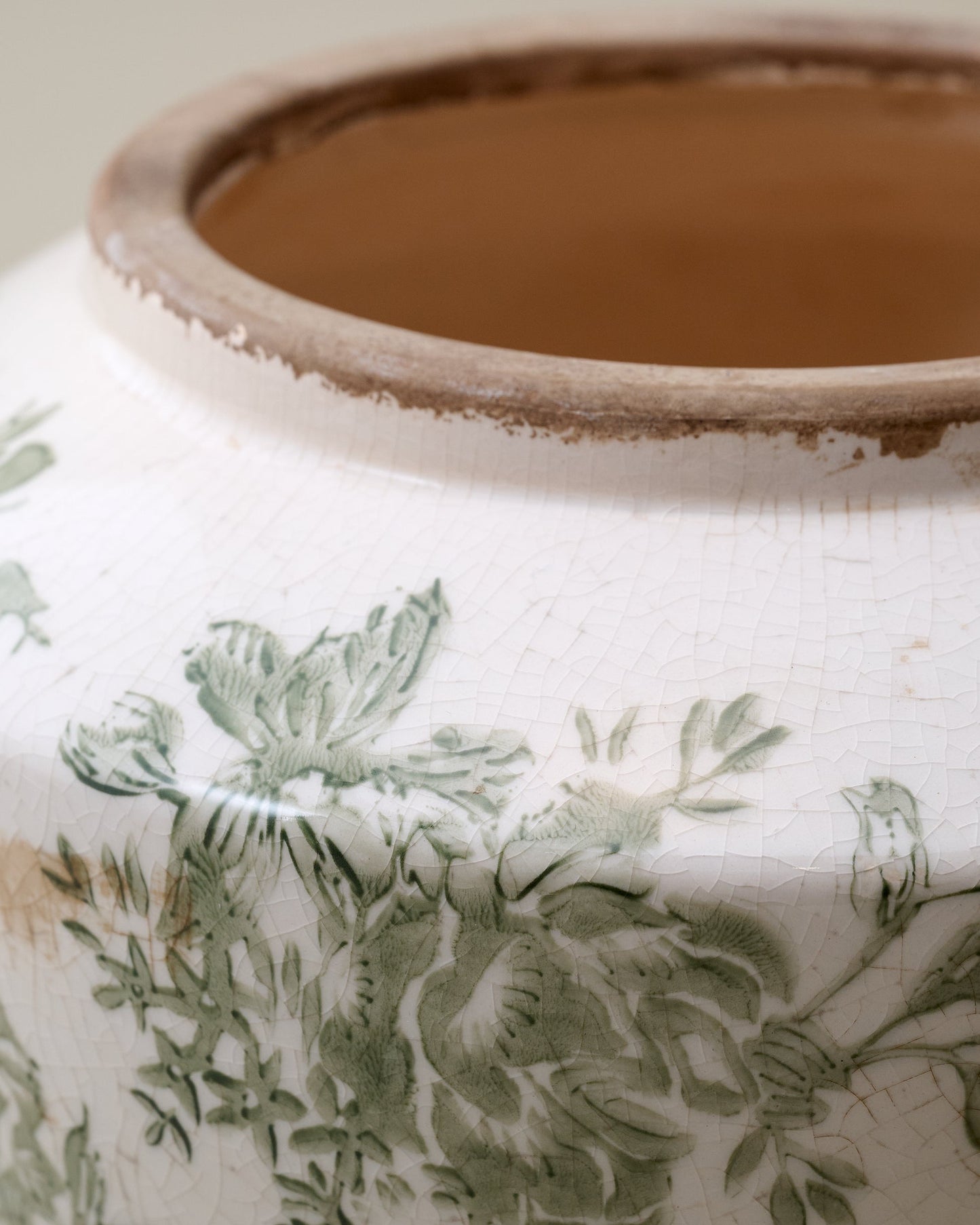 Small Green and White Distressed Floral Vase up close