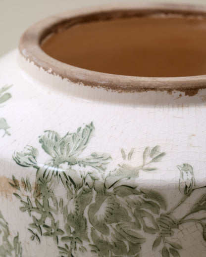 Small Green and White Distressed Floral Vase up close
