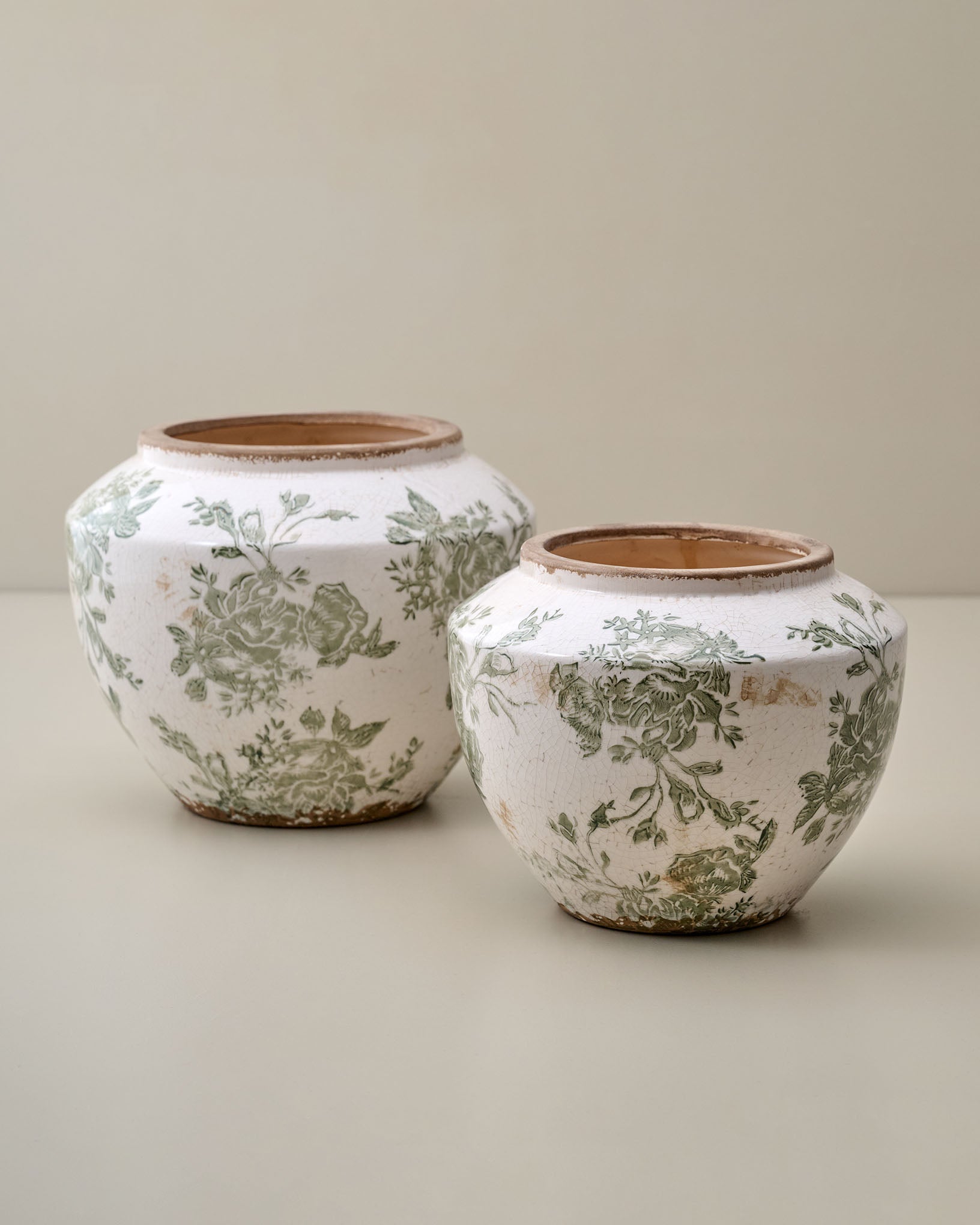 Green and White Distressed Floral Vase