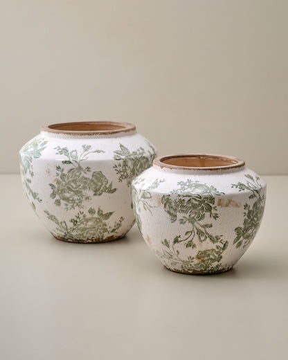 Green and White Distressed Floral Vase