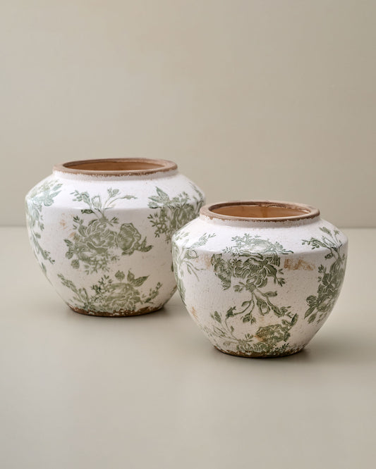 Green and White Distressed Floral Vase