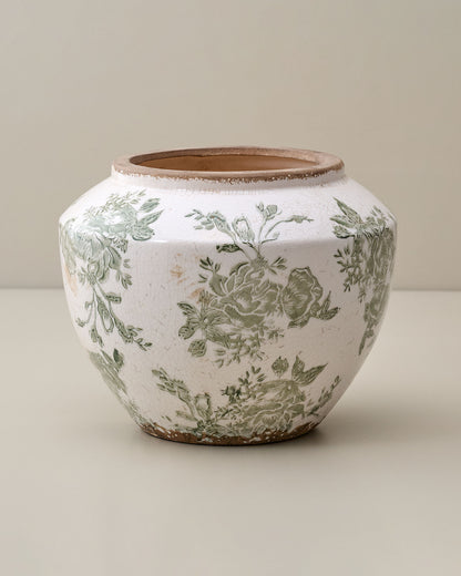 Green and White Distressed Floral Vase