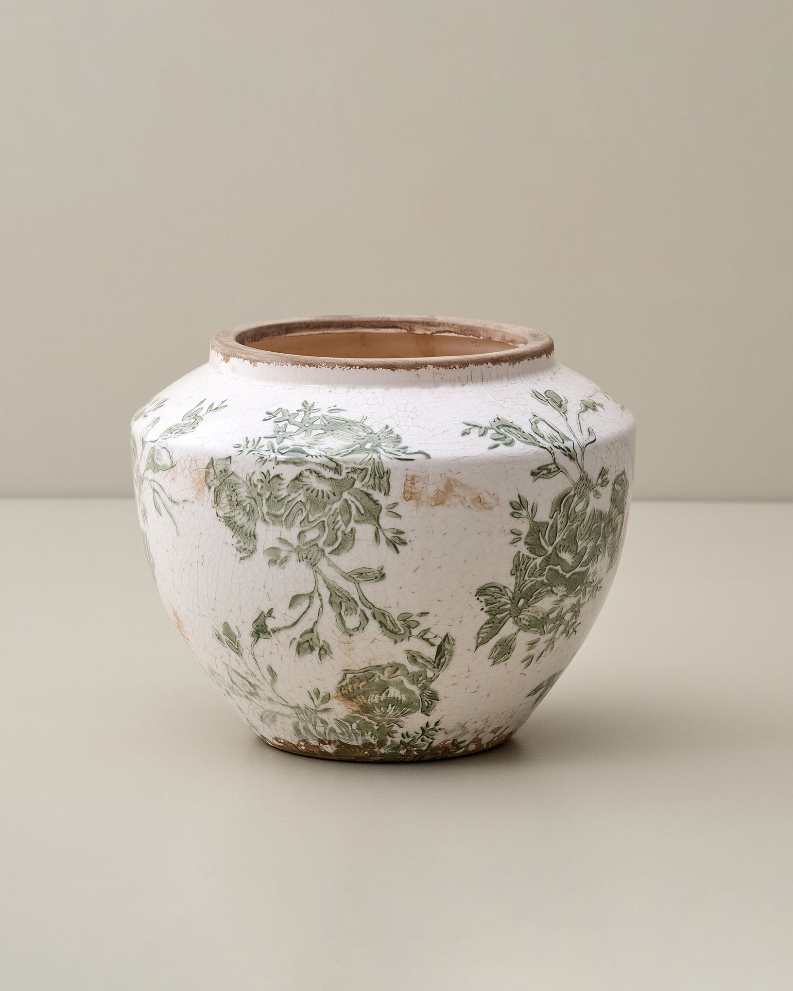 Green and White Distressed Floral Vase - Small