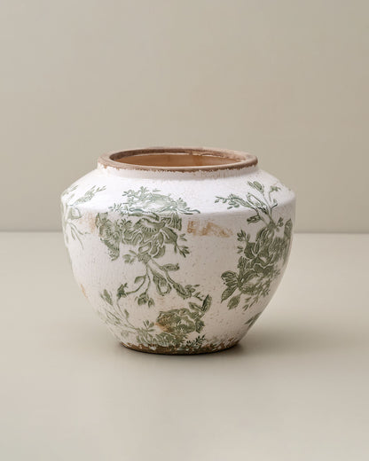 Green and White Distressed Floral Vase