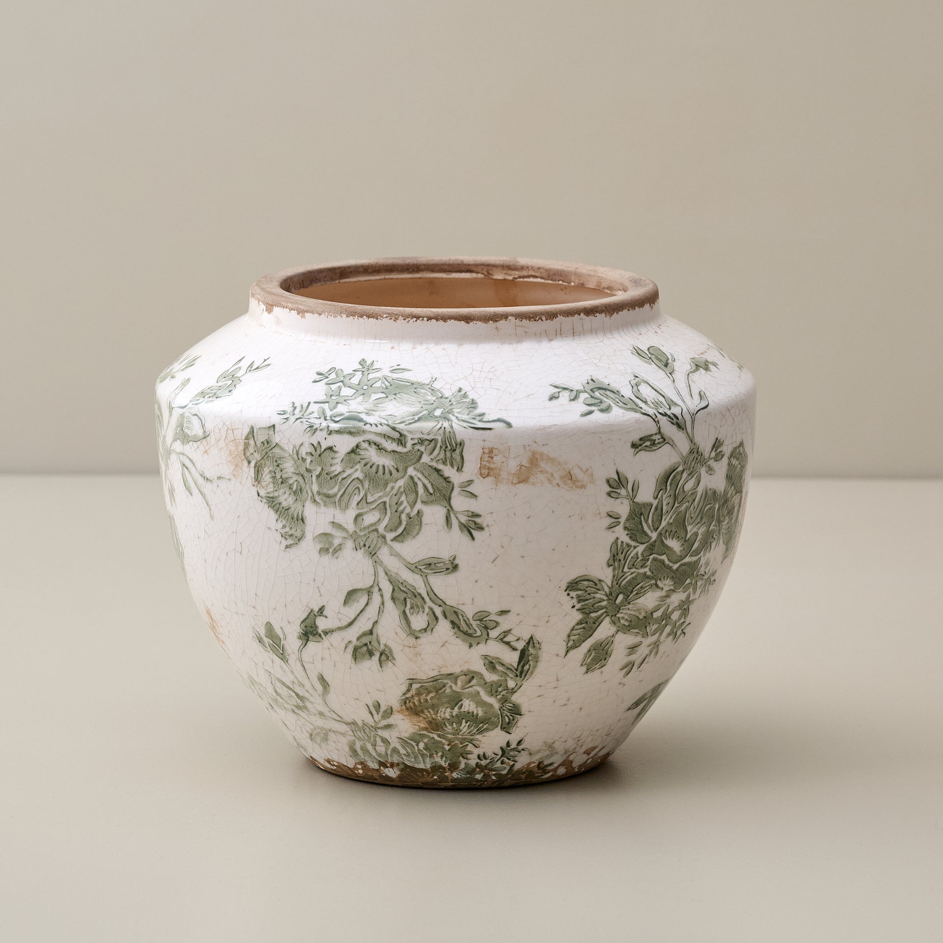 Green and White Distressed Floral Vase - Small
