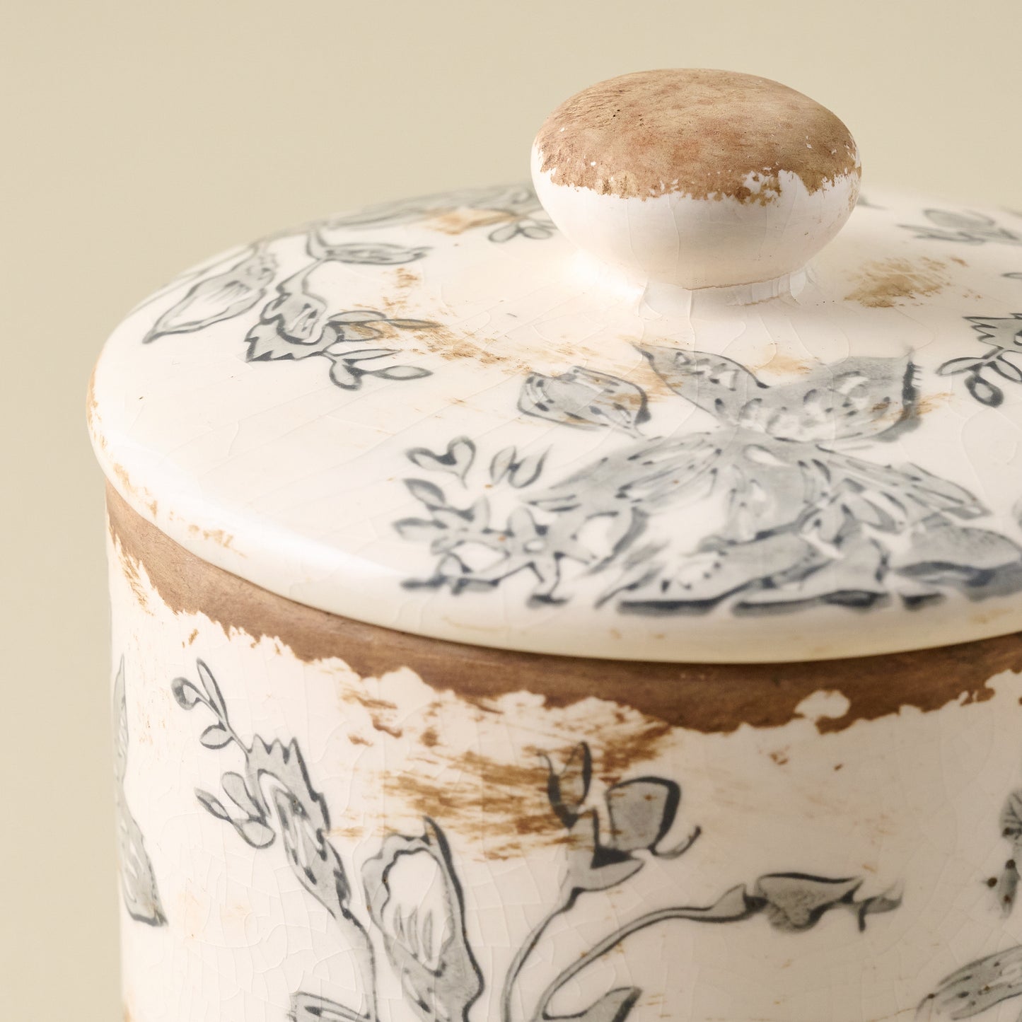 Dusty Blue and White Distressed Canister up close