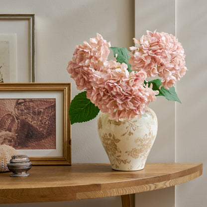 Taupe Distressed Floral Vase paired with hydrangeas on top of console table 