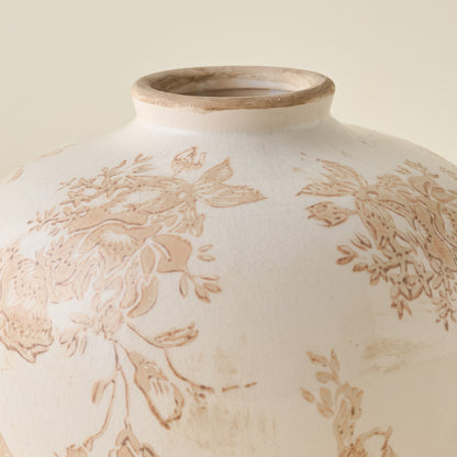 Taupe Distressed Floral Vase close up view of floral design