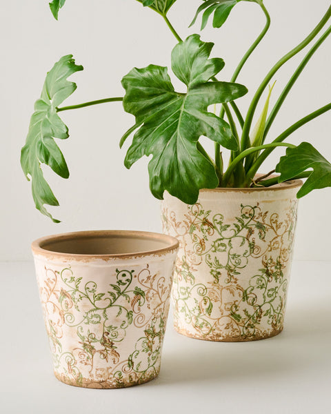 vintage plant pots indoor Green and White Distressed Planter
