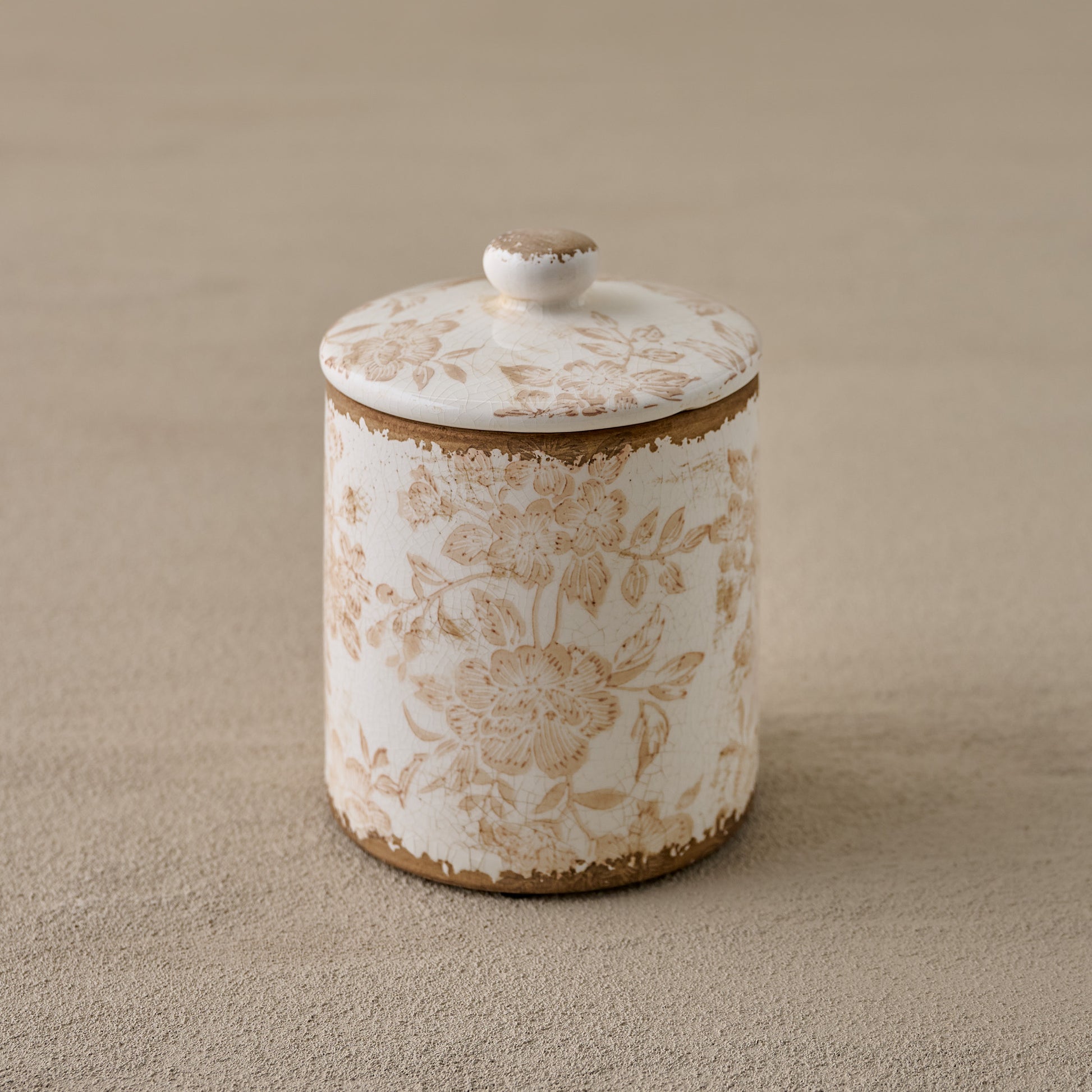 Small Brown and White Distressed Canister