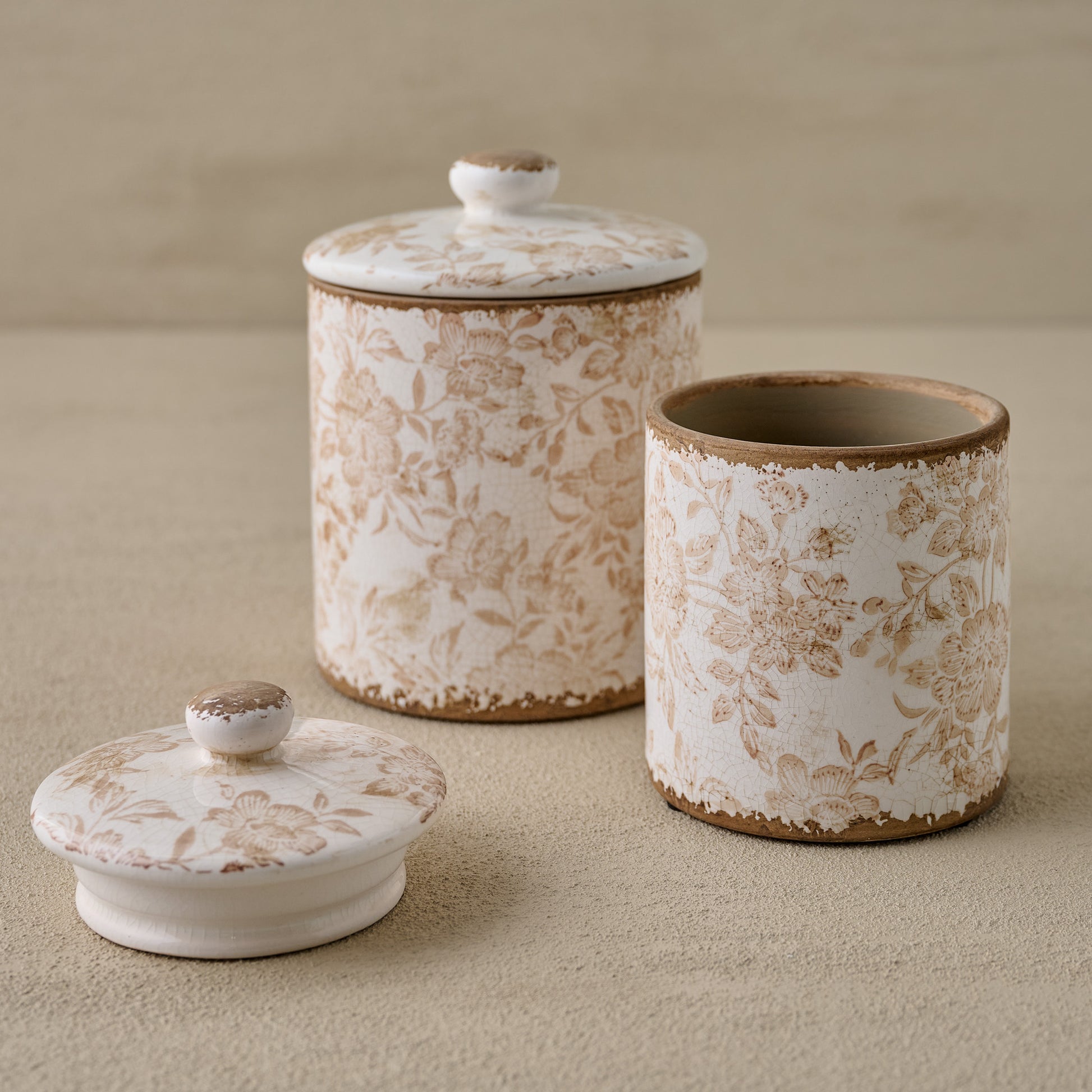 Brown and White Distressed Canisters