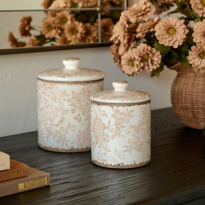 Brown and White Distressed Canisters shown styled