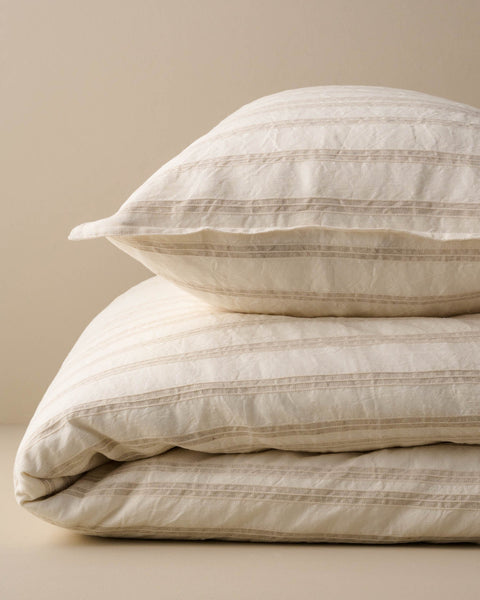 Embroidered Stripe Linen Cotton Duvet Cover - Oatmeal