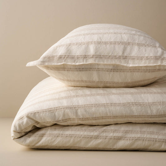 Folded Embroidered Oatmeal Stripe Linen Cotton Duvet and Pillow Sham