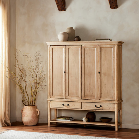 Hurston Wide Cabinet in aged light pine in a home