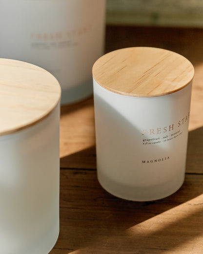Magnolia Fresh Start Candle angled close up view