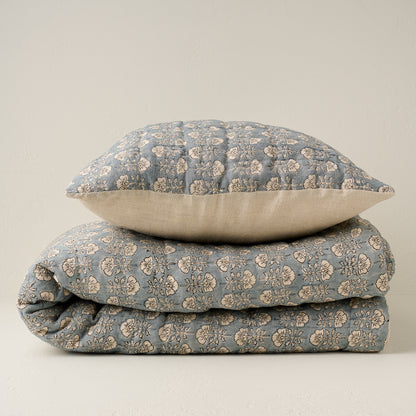 Stacked Flora Block Silver Blue Print Quilt and Pillow Sham