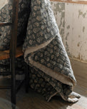 Flora Block Print Quilt - Silver Blue close up hanging off chair