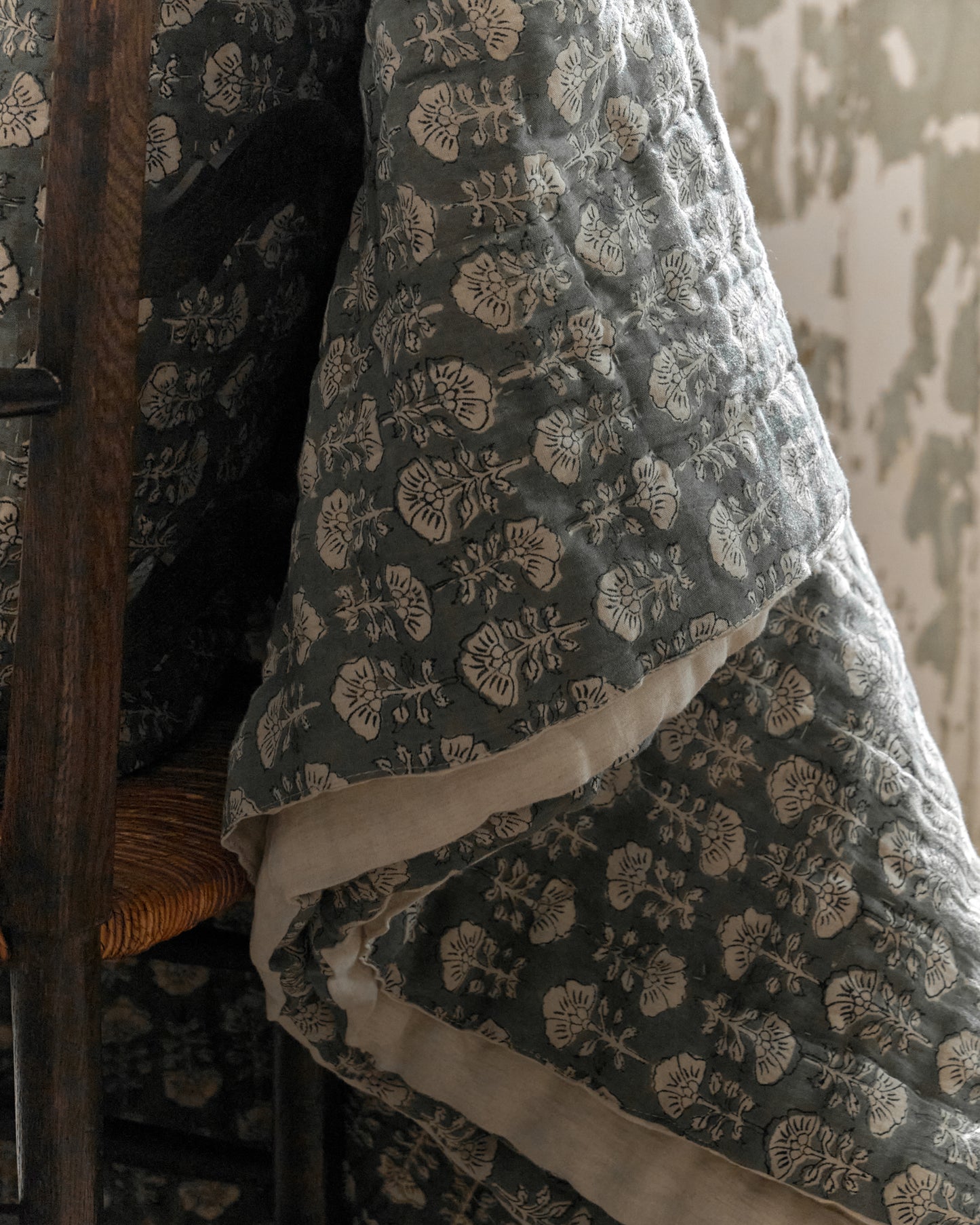 Flora Block Print Quilt - Silver Blue close up on chair