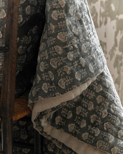 Flora Block Print Quilt - Silver Blue close up on chair