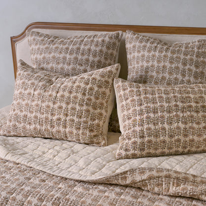 Flora Block Print Pillow Sham - Natural shown on bed
