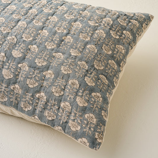 Flora Block Silver Blue Print Pillow Sham
